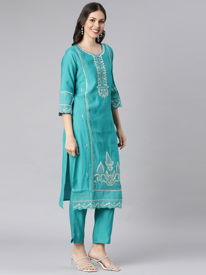 Neerus Green Solid Straight Kurta and Trousers With Dupatta