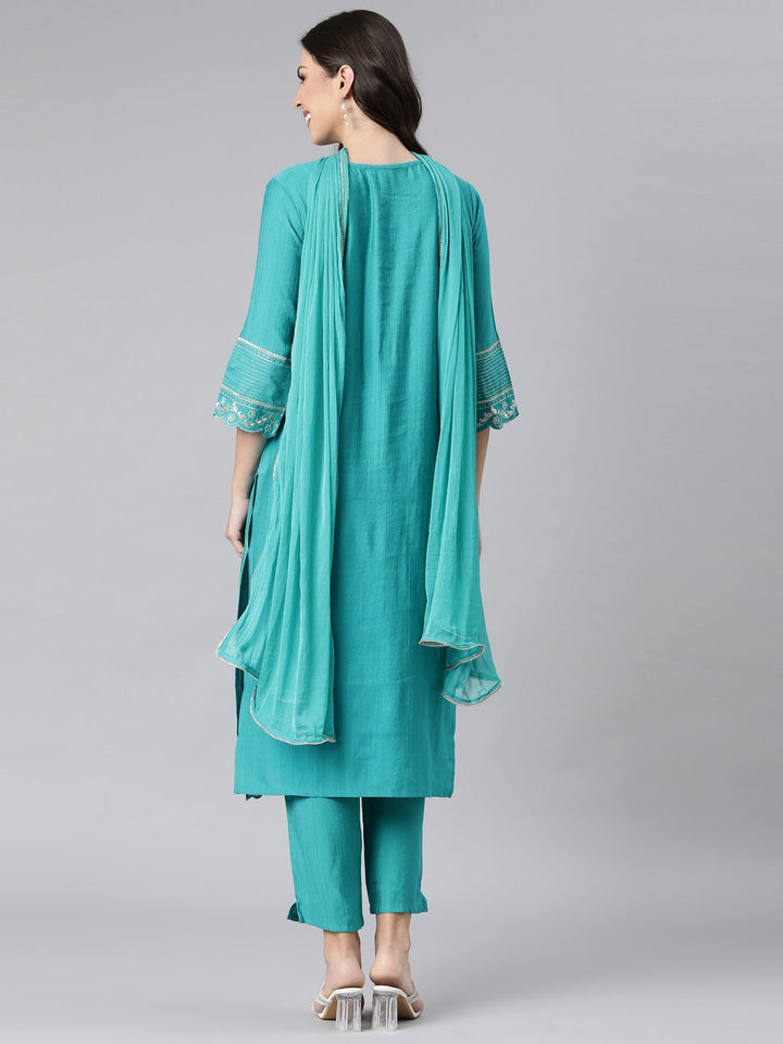 Neerus Green Solid Straight Kurta and Trousers With Dupatta