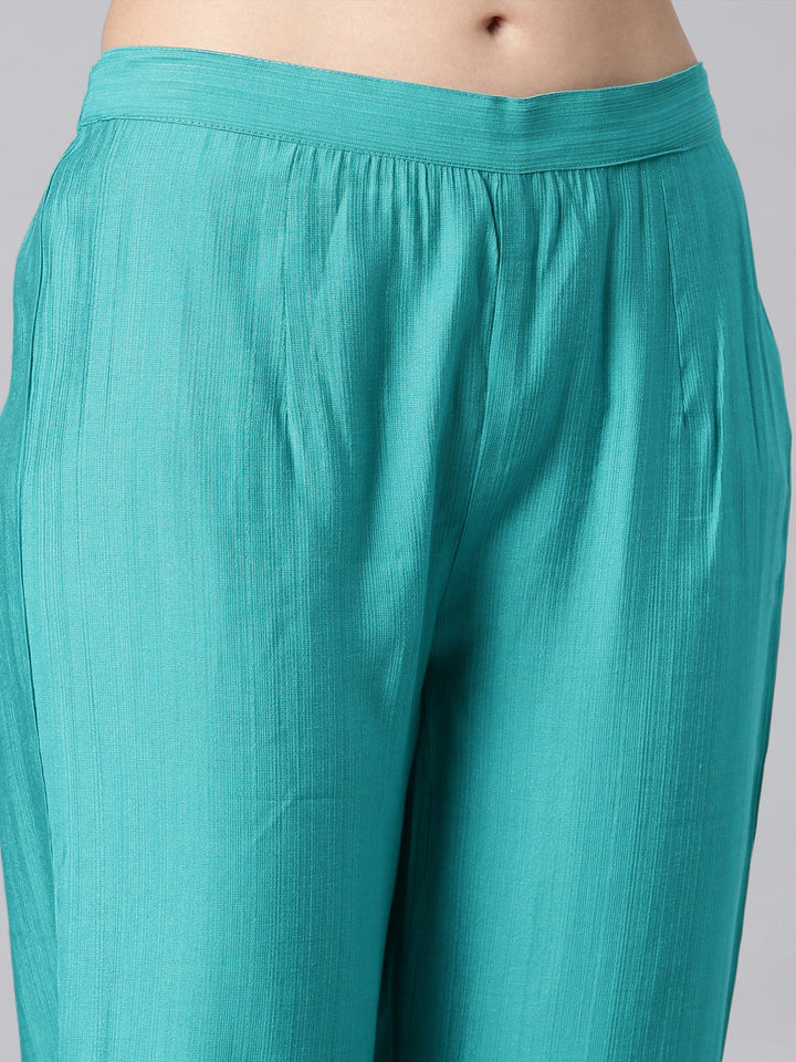 Neerus Green Solid Straight Kurta and Trousers With Dupatta