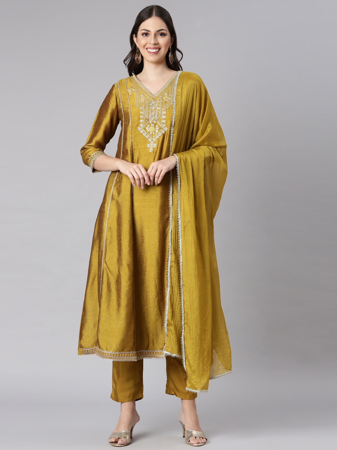 Neerus Green silk solid anarkali suit set - front view