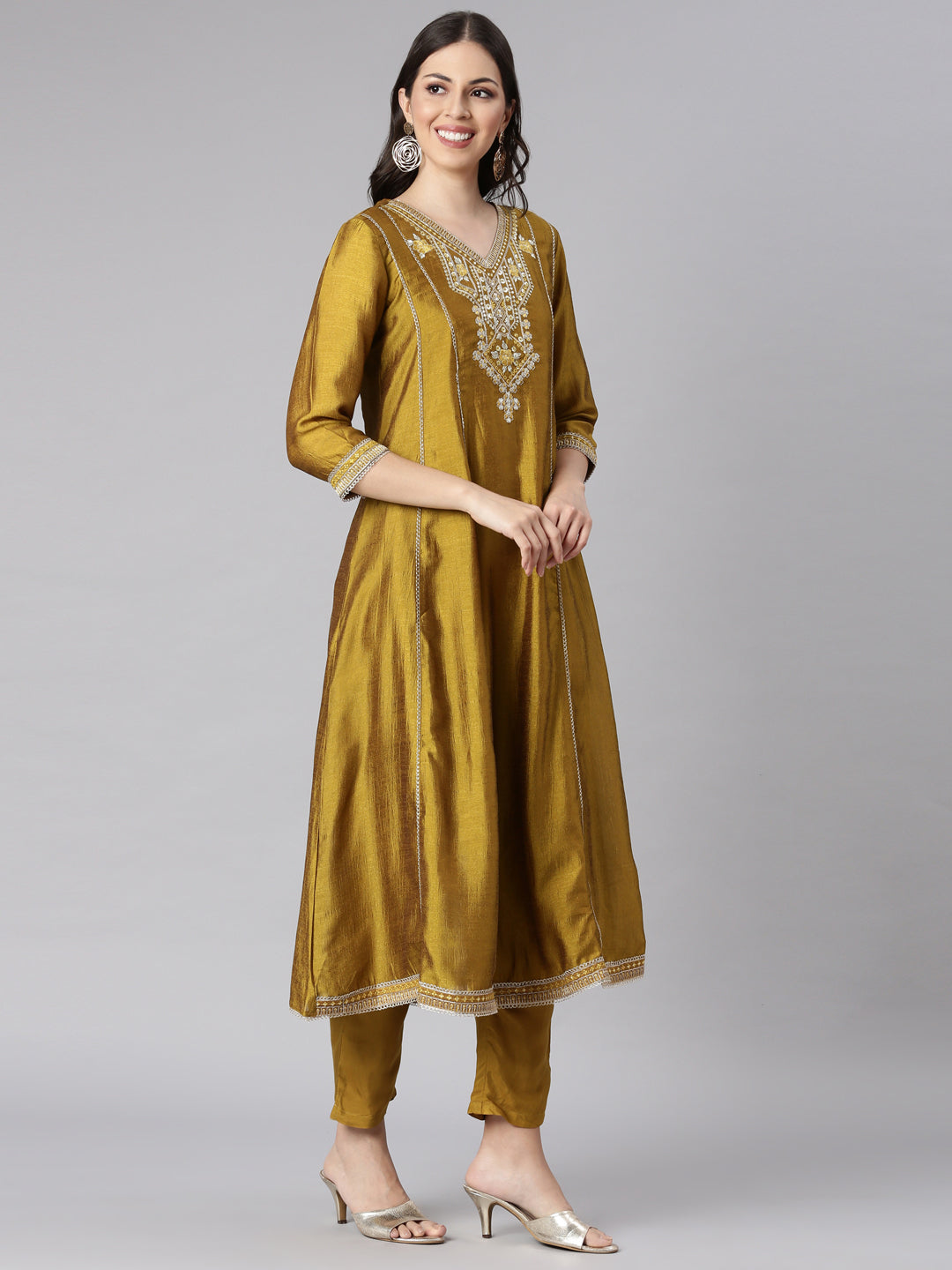 Neerus Green silk solid anarkali suit set - side view