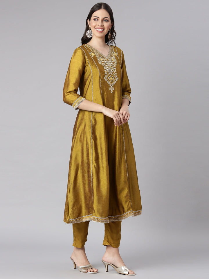 Neerus Green silk solid anarkali suit set - side view