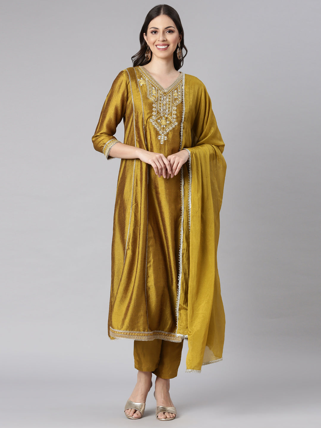 Neerus Green silk solid anarkali suit set - back view