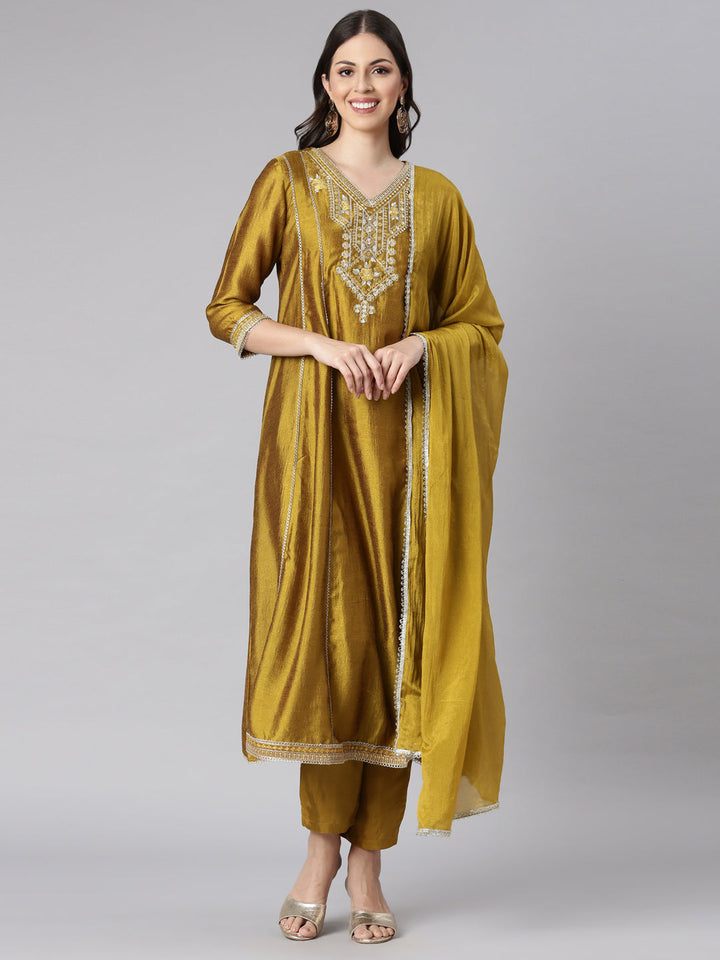 Neerus Green silk solid anarkali suit set - back view