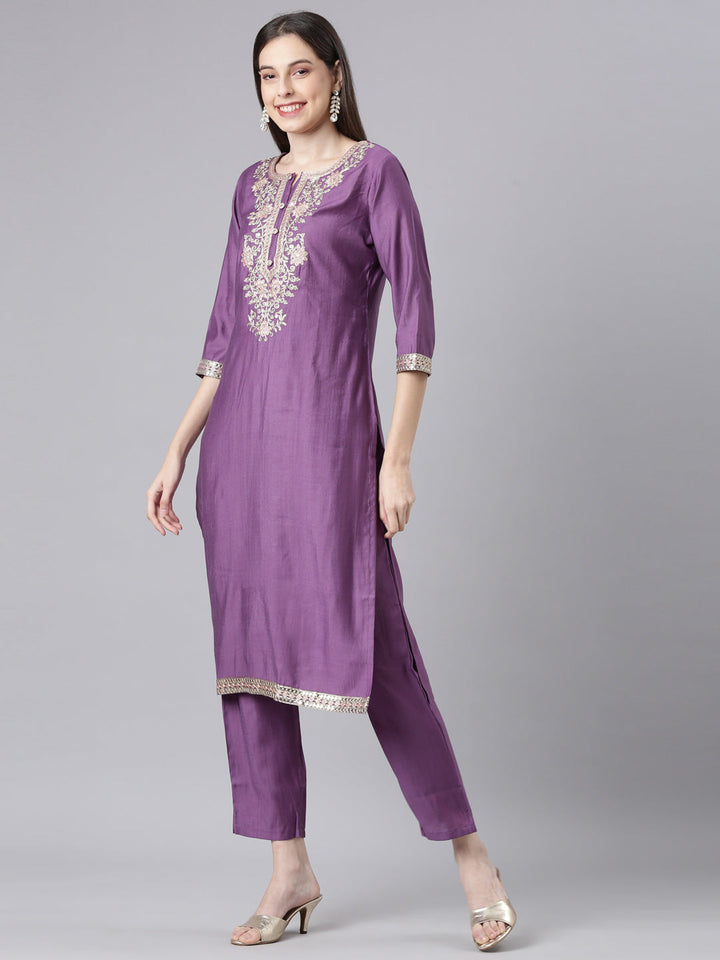 Neerus Lavender Solid Straight Kurta and Trousers With Dupatta