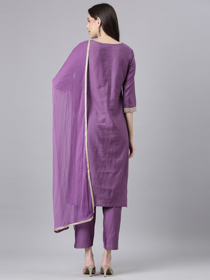 Neerus Lavender Solid Straight Kurta and Trousers With Dupatta