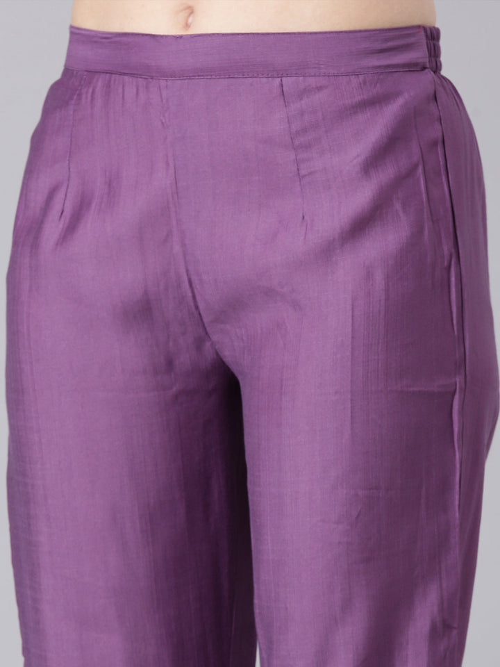 Neerus Lavender Solid Straight Kurta and Trousers With Dupatta