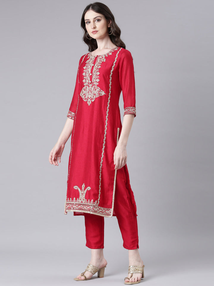 Neerus Red Embroidered Straight Kurta and Trousers With Dupatta