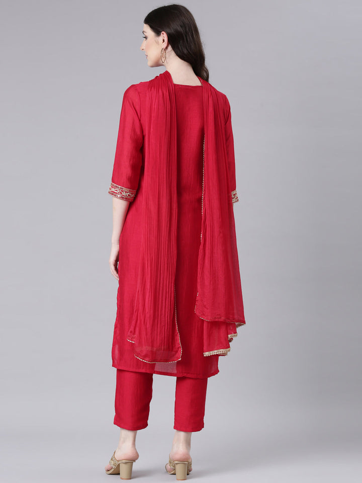 Neerus Red Embroidered Straight Kurta and Trousers With Dupatta