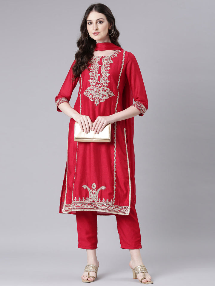 Neerus Red Embroidered Straight Kurta and Trousers With Dupatta