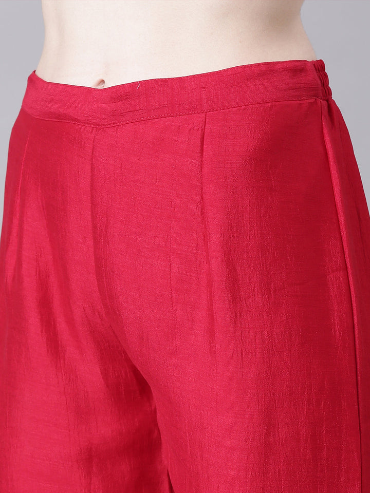 Neerus Red Embroidered Straight Kurta and Trousers With Dupatta