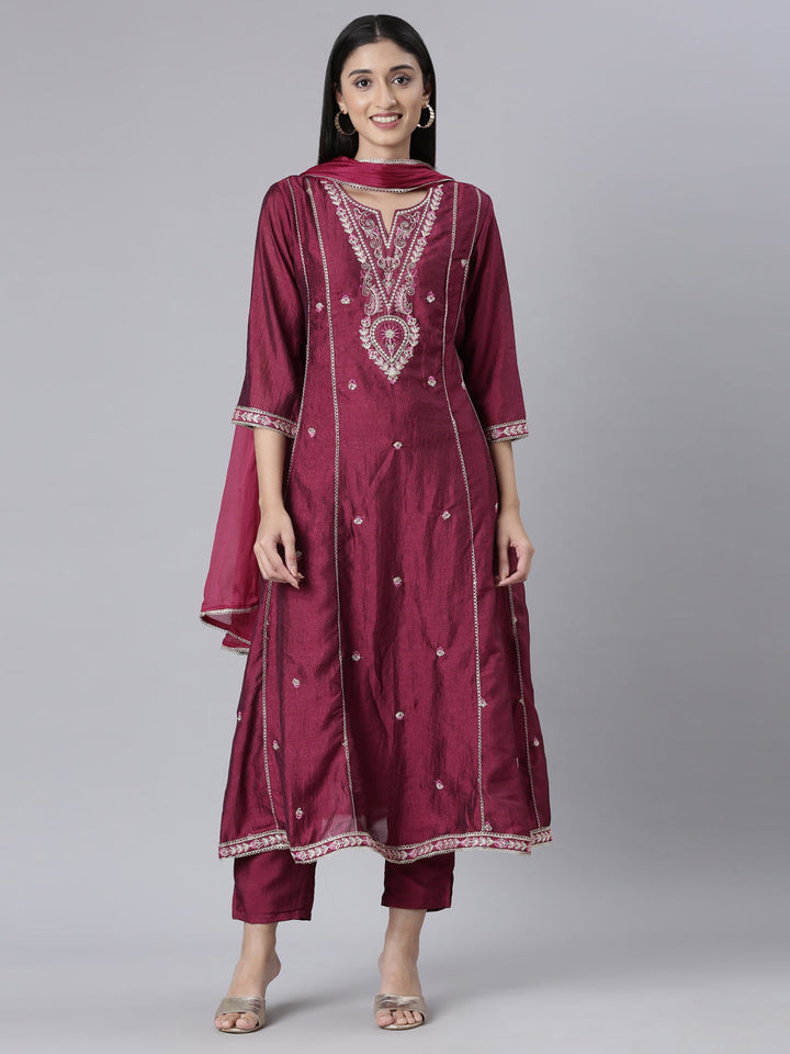 Neerus Purple Embroidered Anarkali Kurta and Trousers With Dupatta