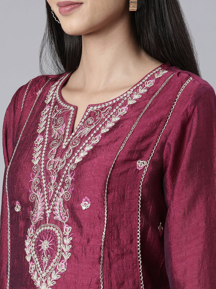 Neerus Purple Embroidered Anarkali Kurta and Trousers With Dupatta