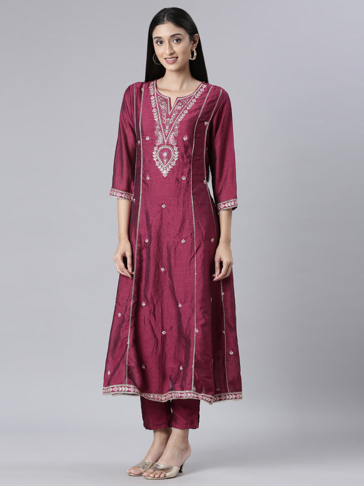 Neerus Purple Embroidered Anarkali Kurta and Trousers With Dupatta