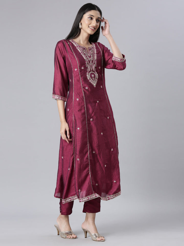 Neerus Purple Embroidered Anarkali Kurta and Trousers With Dupatta