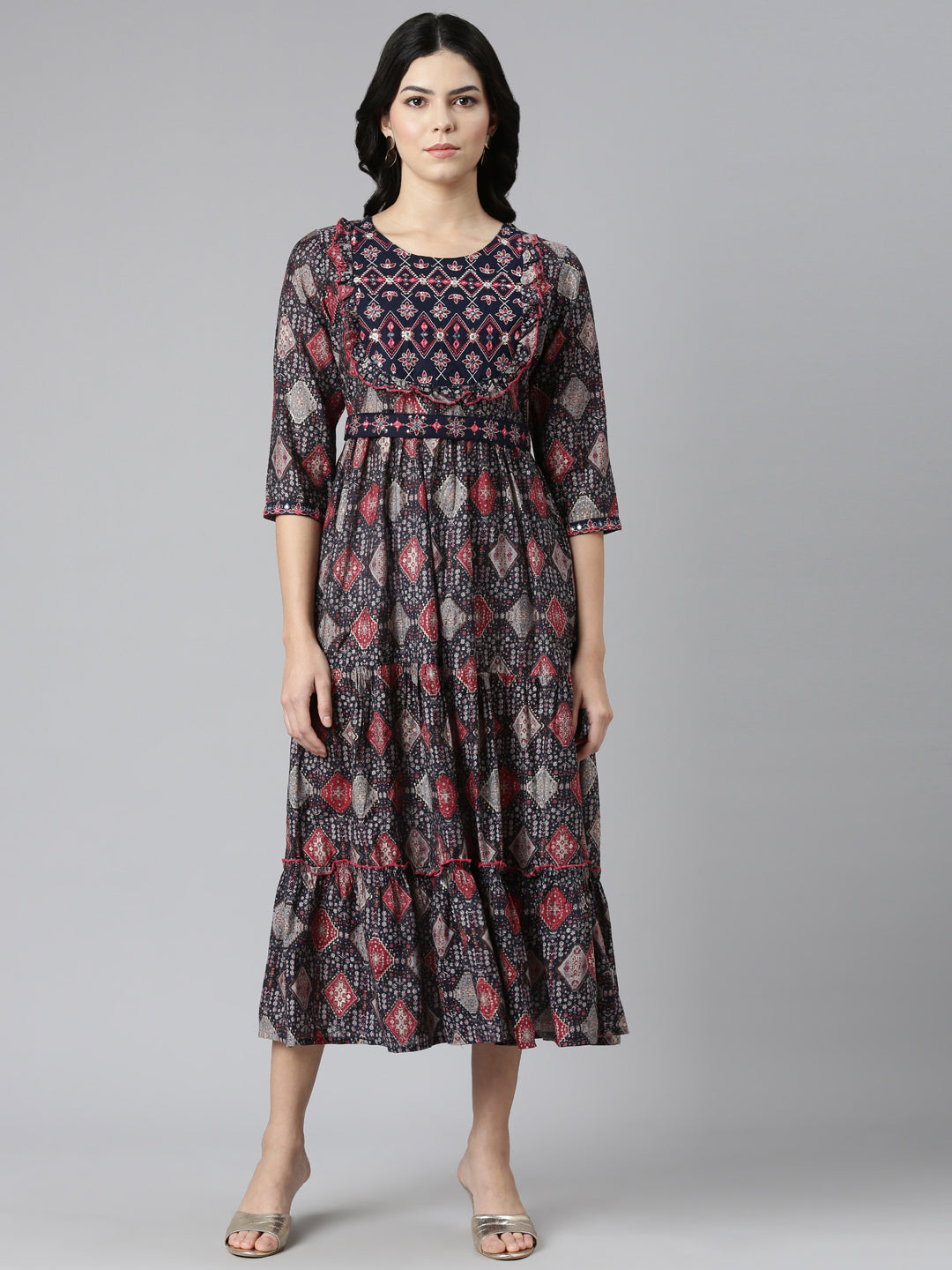 Neerus Blue printed Anarkali kurta dress - front view