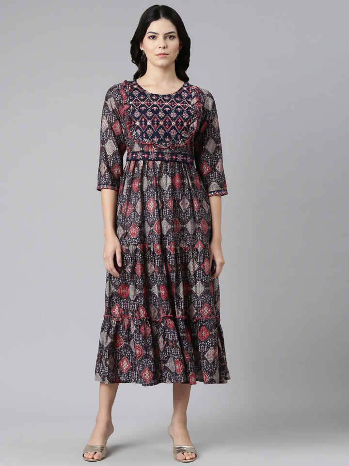 Neerus Blue printed Anarkali kurta dress - front view