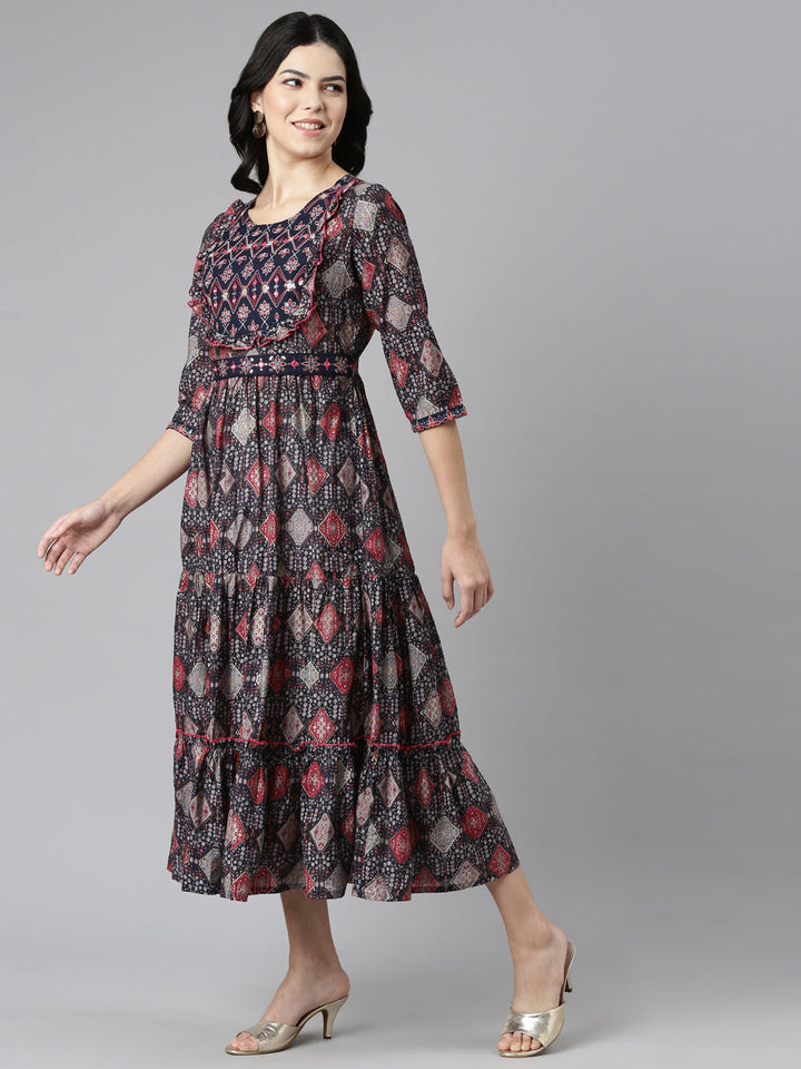 Neerus Blue printed Anarkali kurta dress - back view