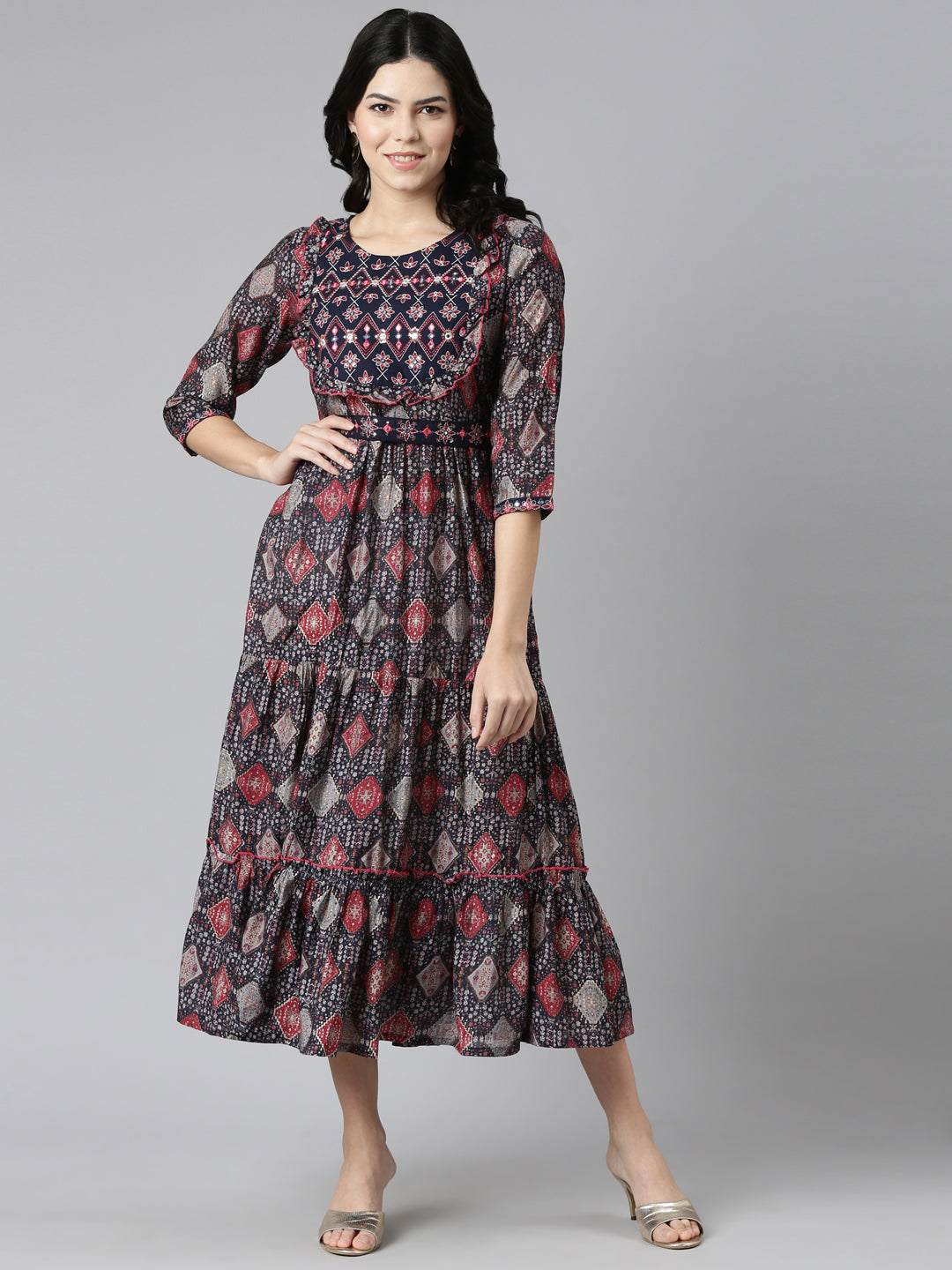 Neerus Blue printed Anarkali kurta dress - detail view 2