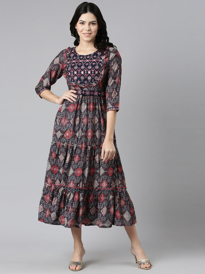 Neerus Blue printed Anarkali kurta dress - detail view 2