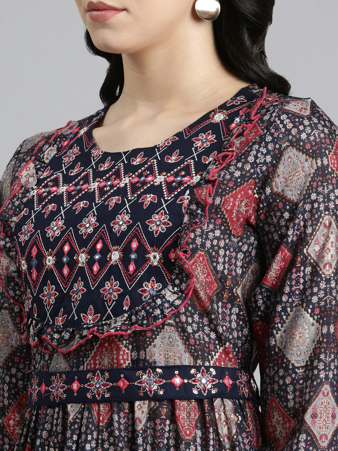 Neerus Blue printed Anarkali kurta dress - detail view 1