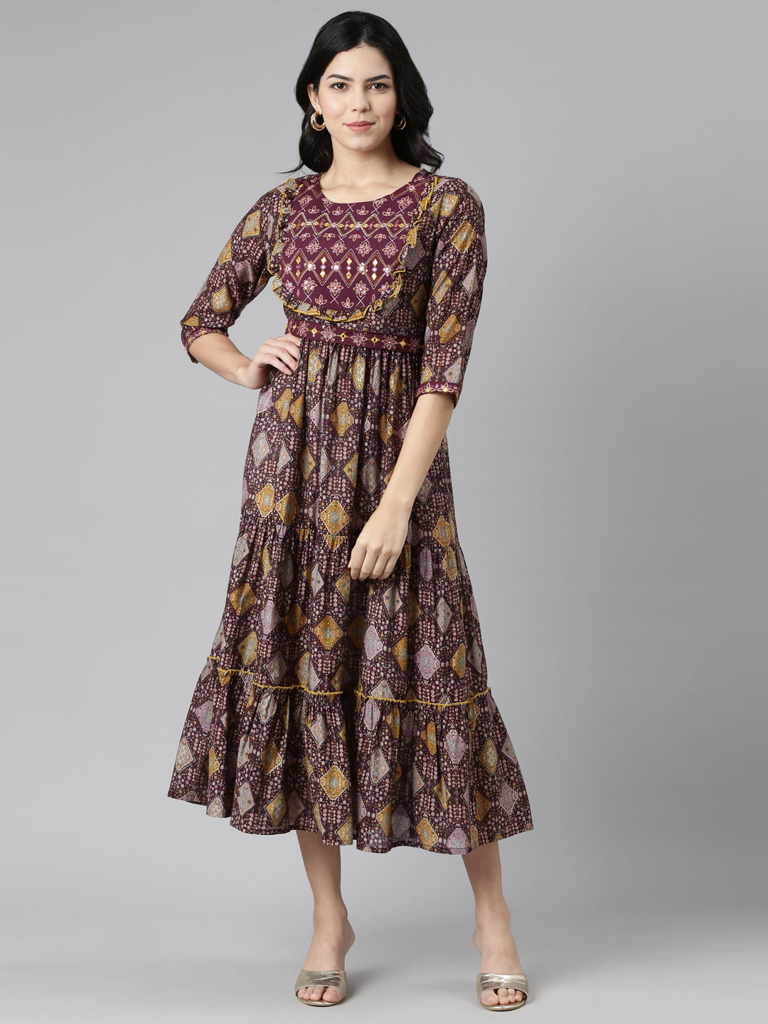 Neerus Purple printed anarkali kurta - front view