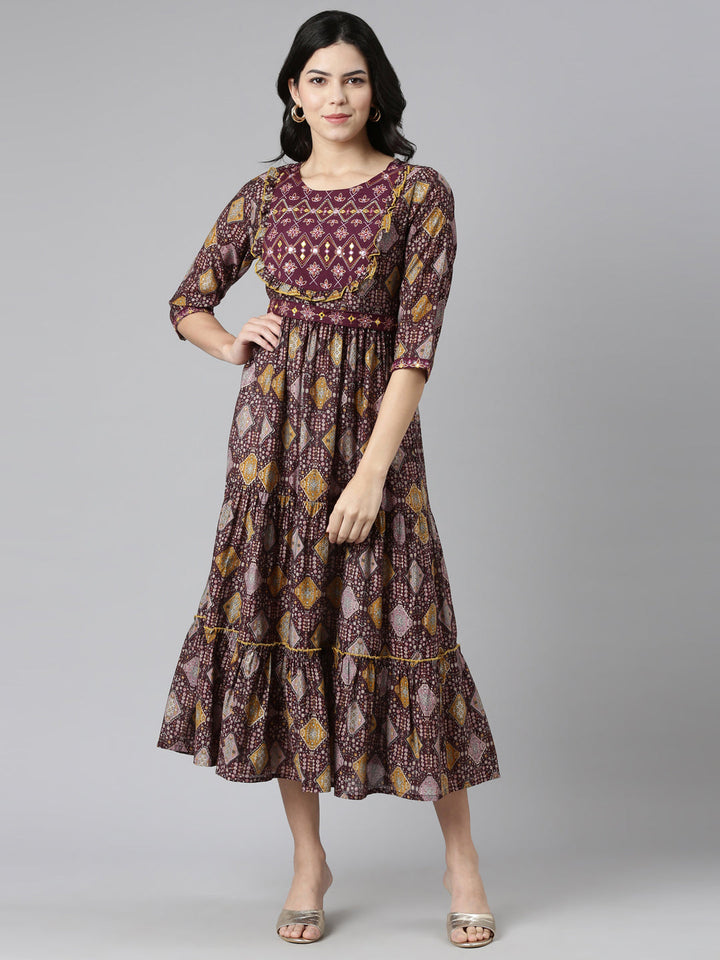 Neerus Purple printed anarkali kurta - front view