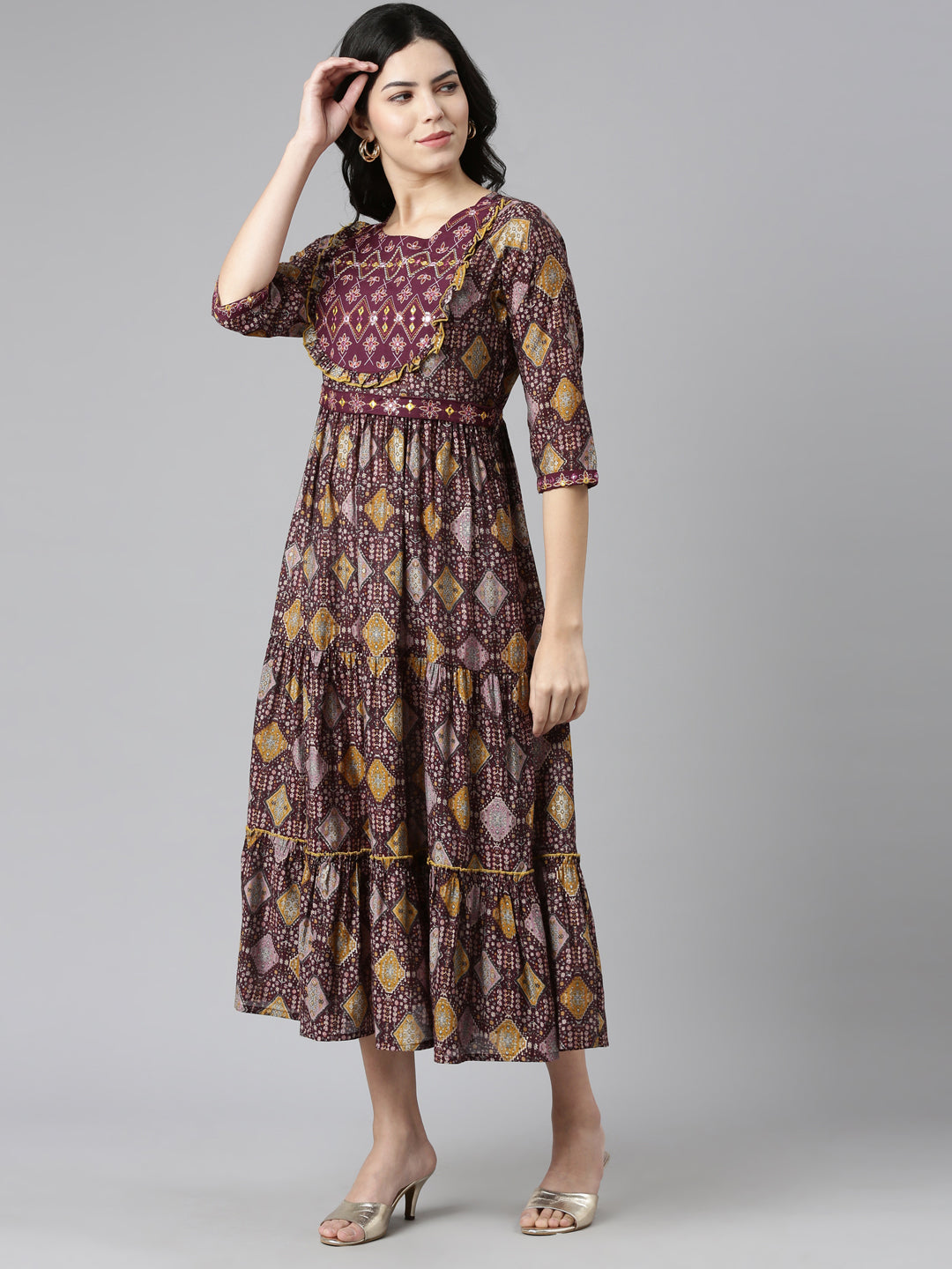 Neerus Purple printed anarkali kurta - back view