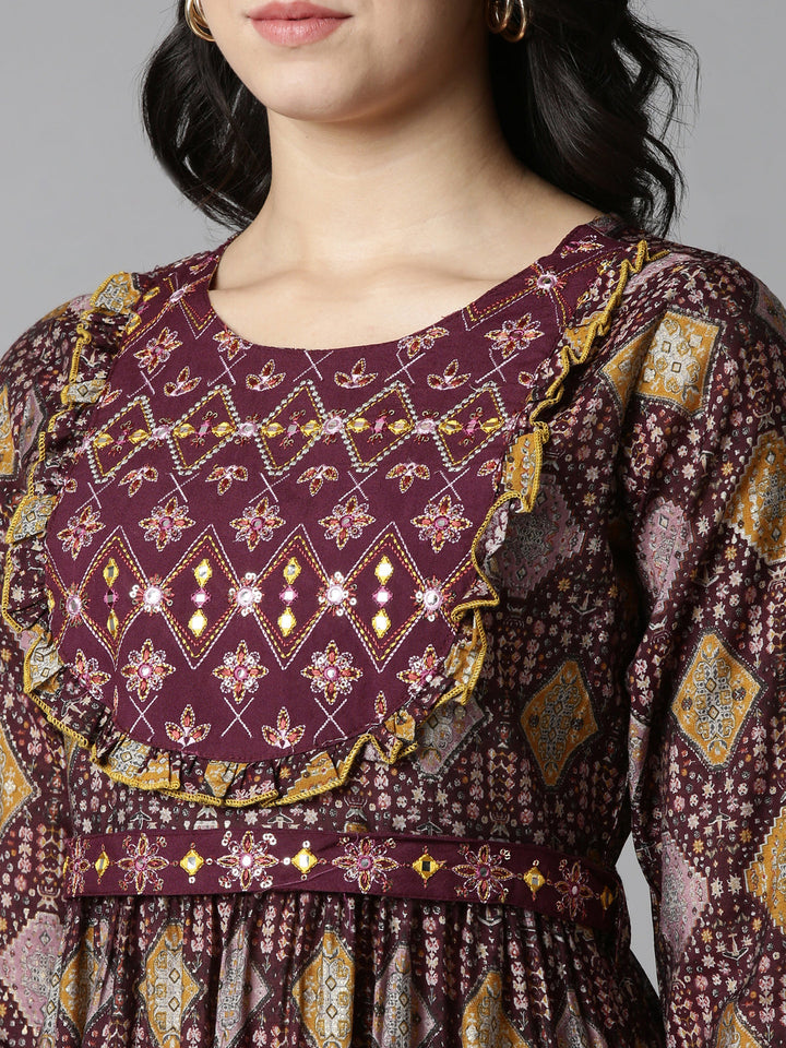 Neerus Purple printed anarkali kurta - detail view 1