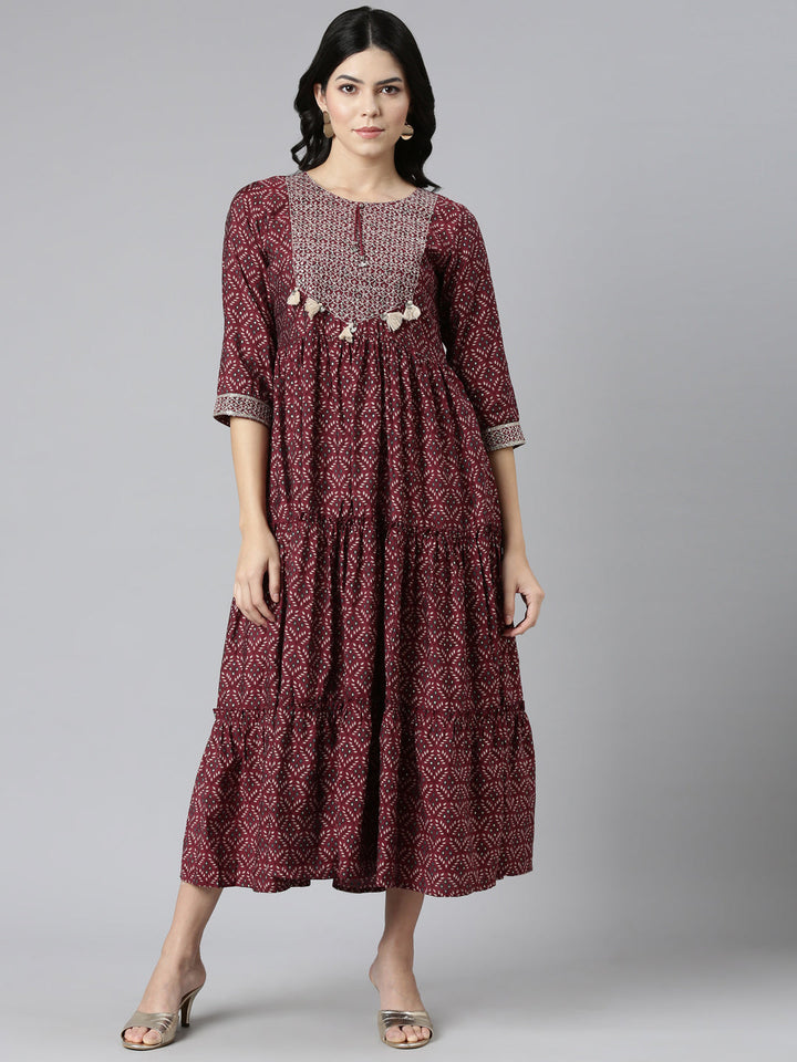 Neerus Maroon printed anarkali kurti - front view