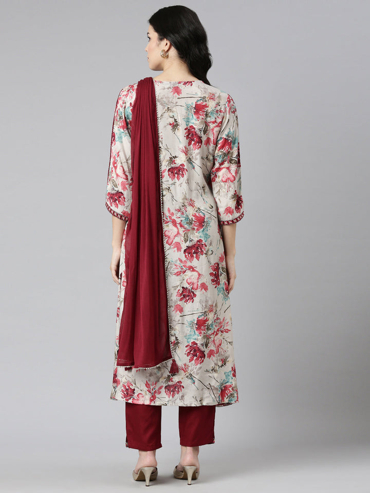 Neerus Maroon printed straight kurta set with dupatta - side view