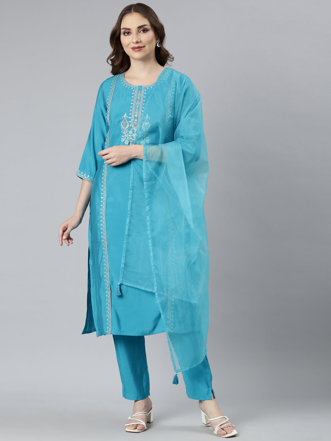 Neerus Green solid straight suit set with dupatta - front view