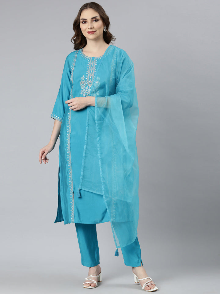 Neerus Green solid straight suit set with dupatta - front view