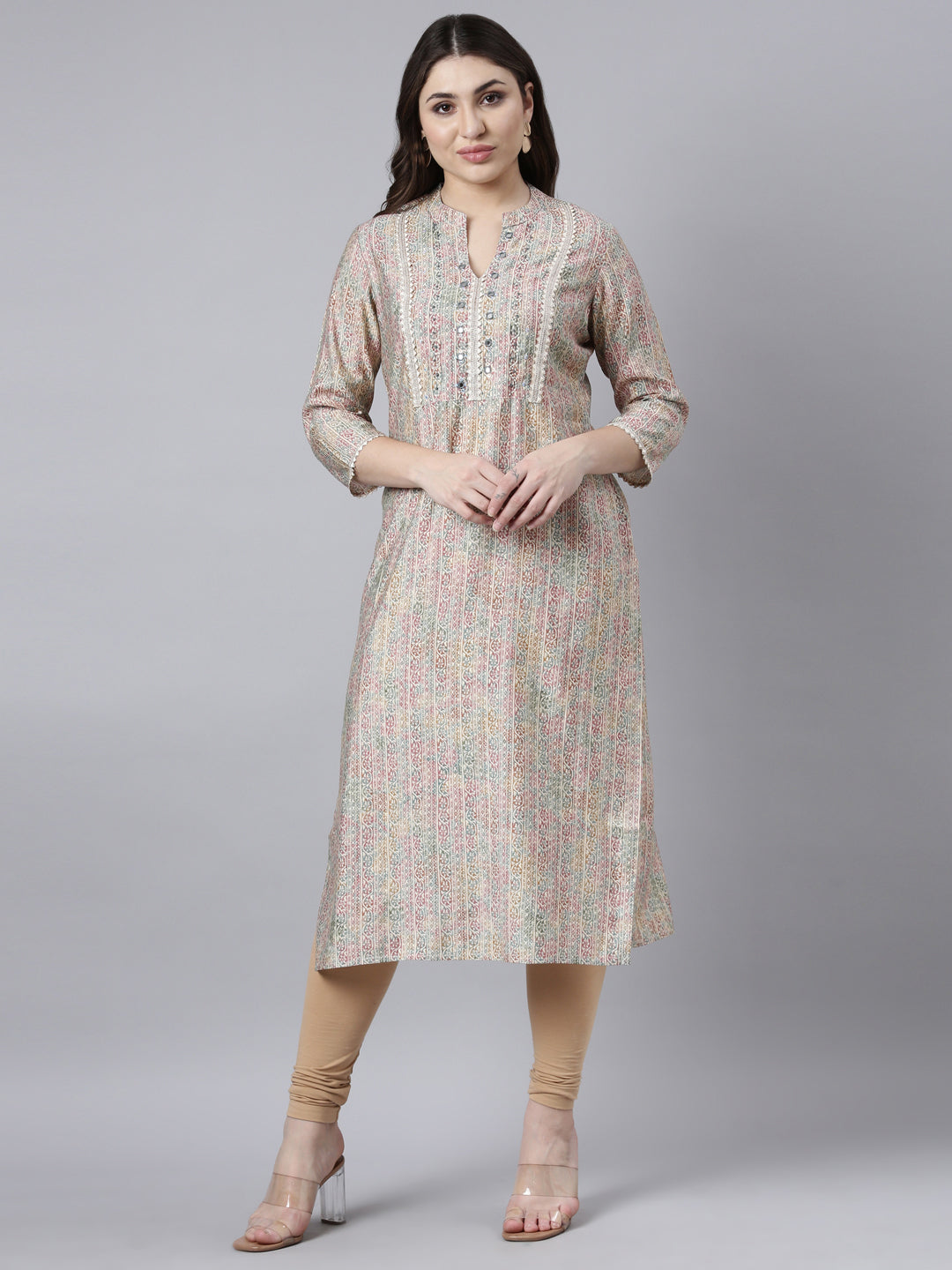 Neerus Beige floral printed straight kurti - front view