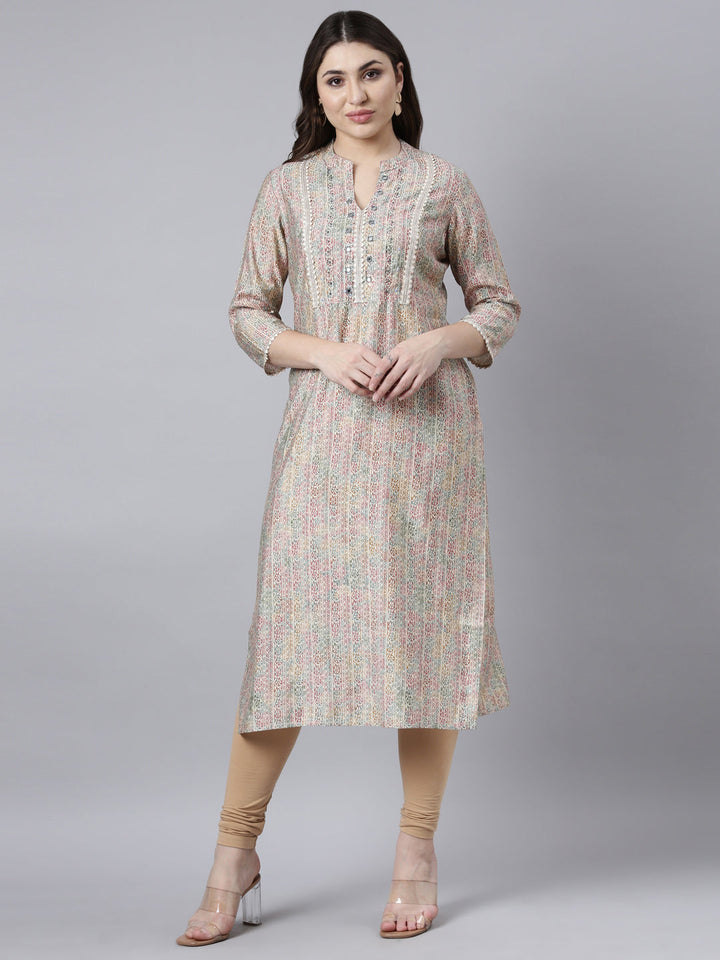 Neerus Beige floral printed straight kurti - front view