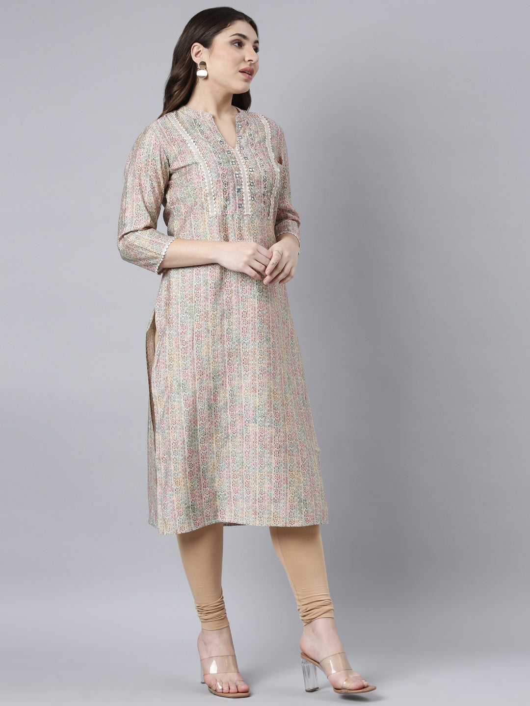 Neerus Beige floral printed straight kurti - back view