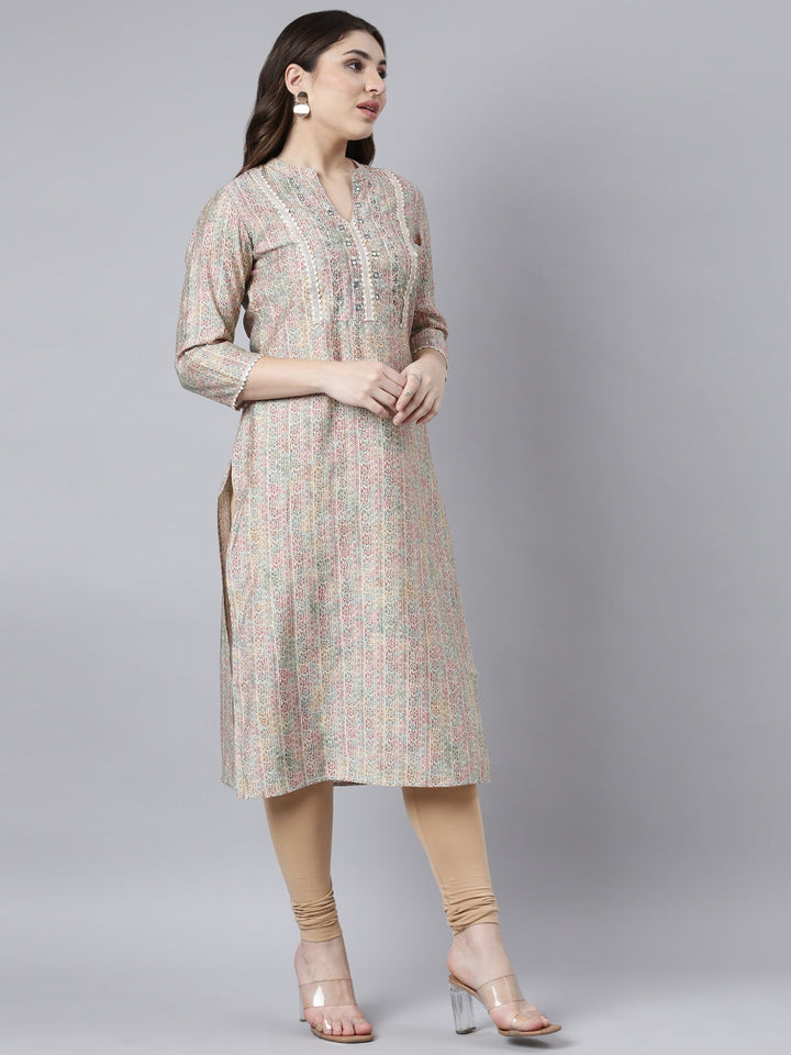 Neerus Beige floral printed straight kurti - back view