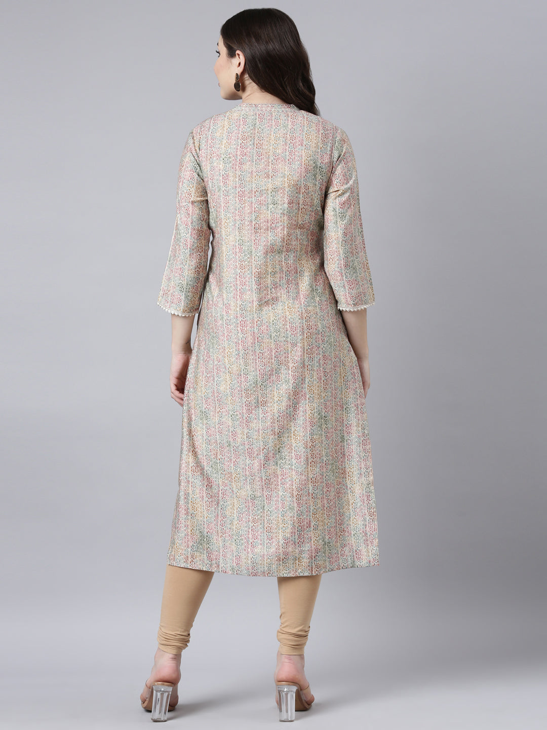 Neerus Beige floral printed straight kurti - side view
