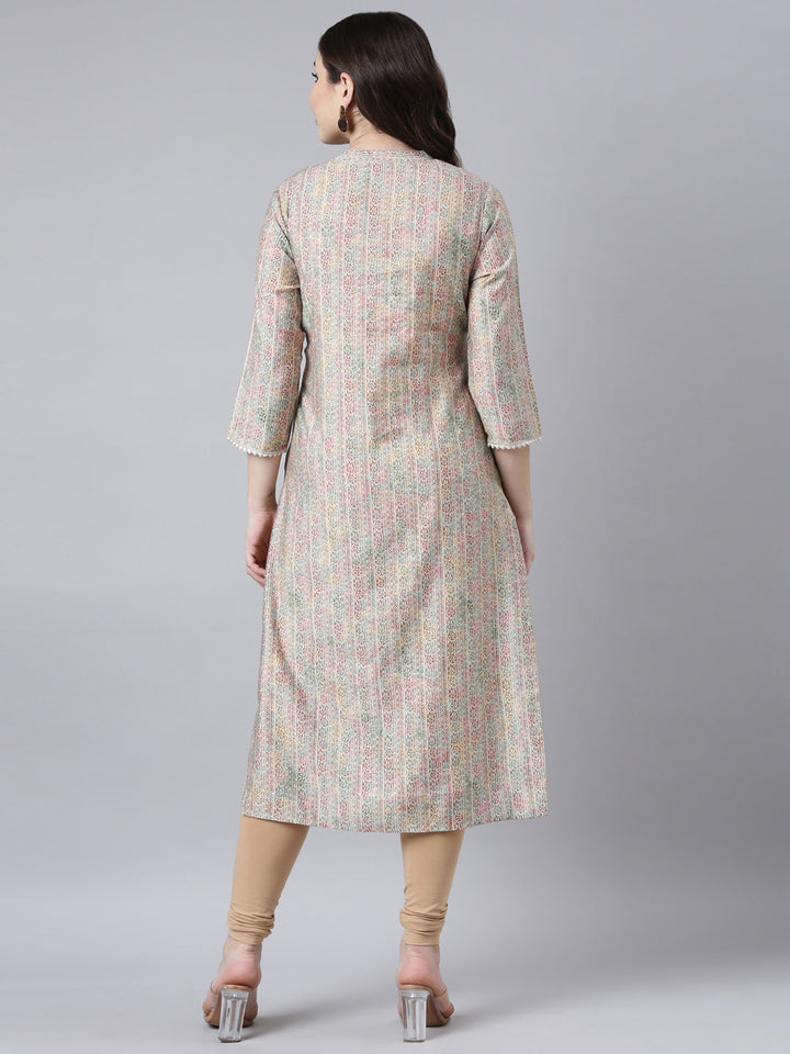 Neerus Beige floral printed straight kurti - side view