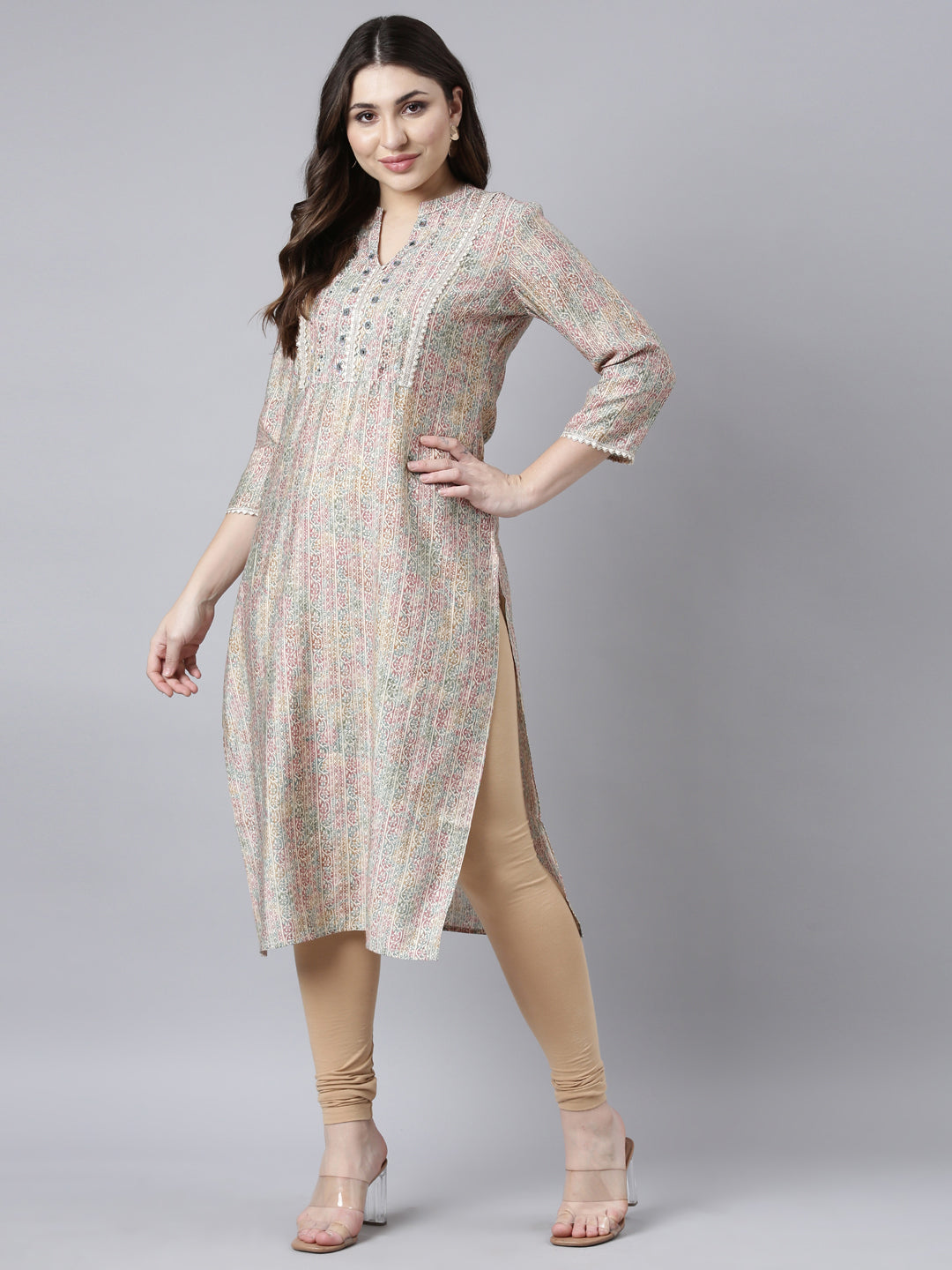 Neerus Beige floral printed straight kurti - detail view 2