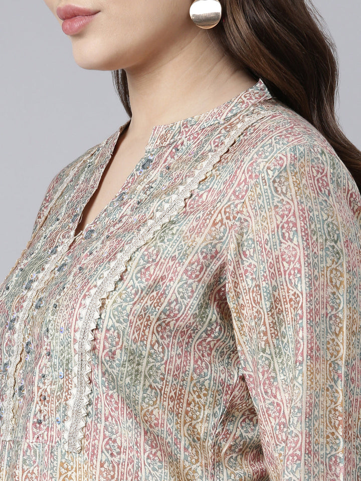 Neerus Beige floral printed straight kurti - detail view 1