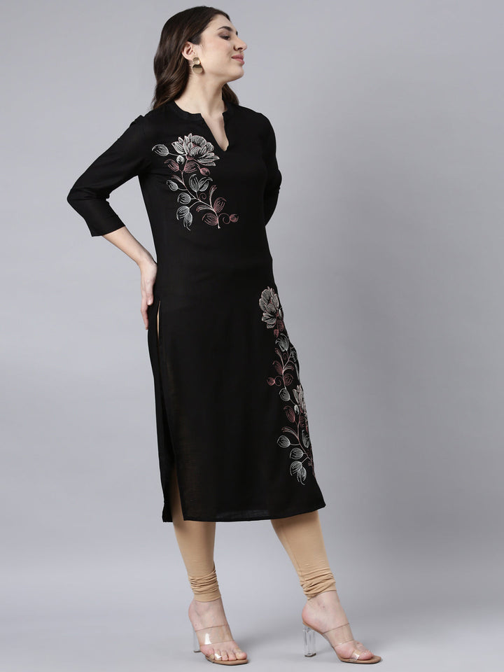 Neerus Black floral printed straight kurti - back view