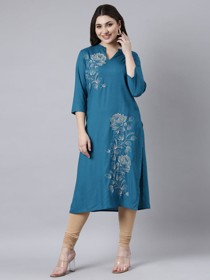 Neerus Blue floral printed straight kurti - front view