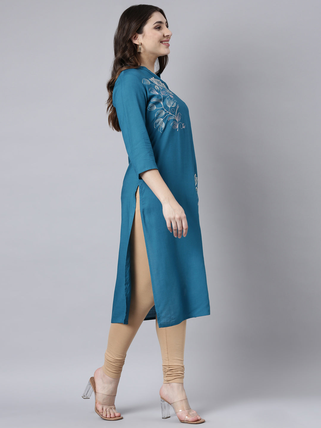 Neerus Blue floral printed straight kurti - back view