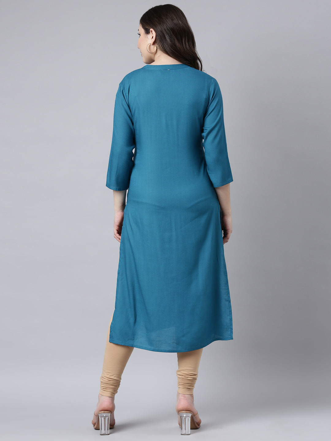 Neerus Blue floral printed straight kurti - side view