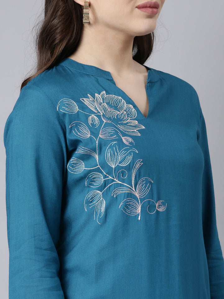 Neerus Blue floral printed straight kurti - detail view 1