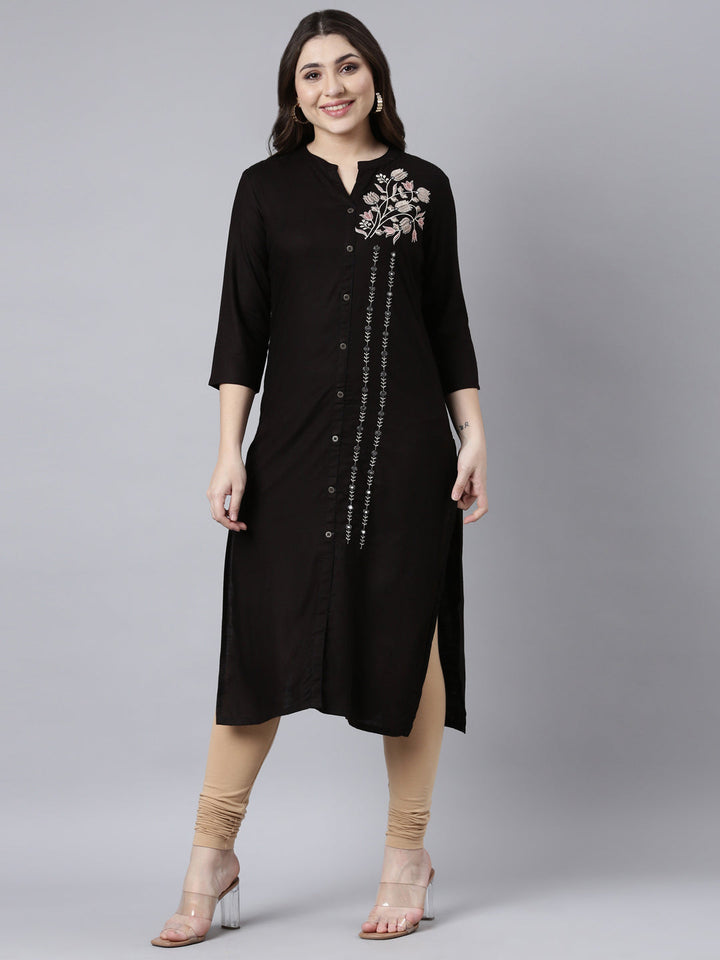 Neerus Black solid straight kurti - front view