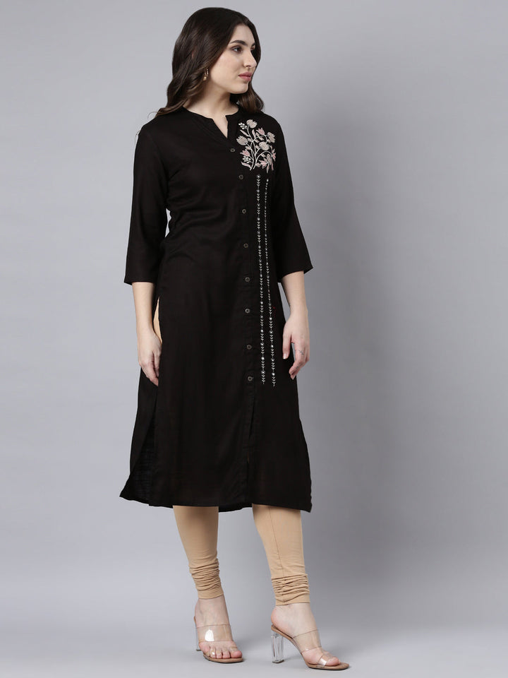 Neerus Black solid straight kurti - back view