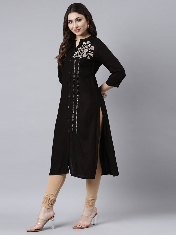 Neerus Black solid straight kurti - detail view 2