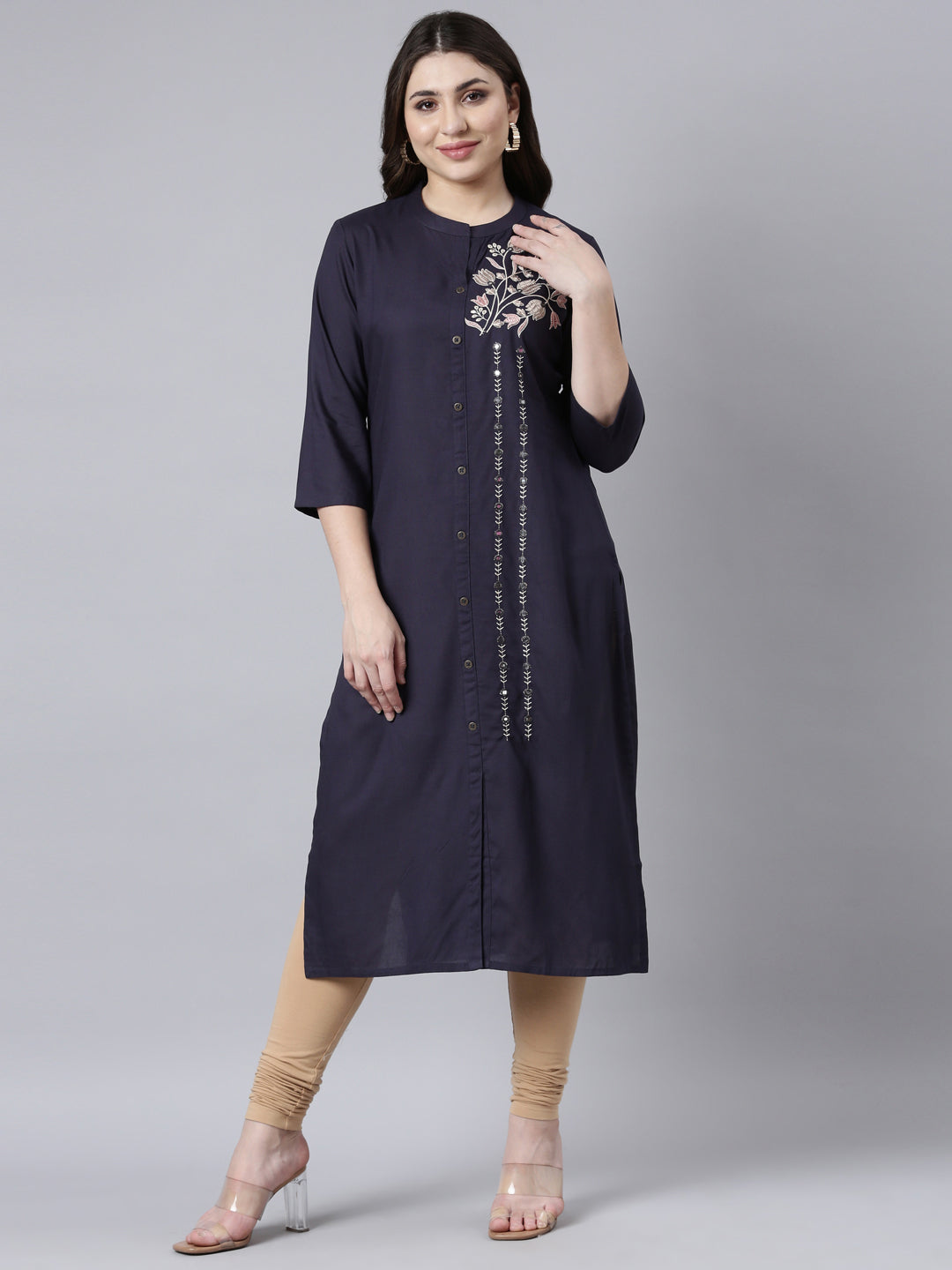 Neerus Blue solid straight kurti - front view